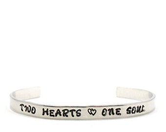Two Hearts One Soul Bracelet, Custom Bracelet Cuff, Personalized Bracelet, Custom Cuff, Hand Stamped Cuff, Friends Bracelet, Girlfriend Gift
