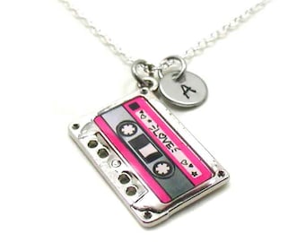 Cassette Tape Necklace, Cassette Tape Charm, Music Jewelry, Retro Necklace, Initial Necklace, Cassette Necklace, Retro Jewelry, 90's Music