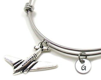 Airplane Charm Bracelet, Airplane Bangle Bracelet, Airplane Jewelry, Airplane Bracelet, Expandable Charm Bracelet, Initial Bracelet