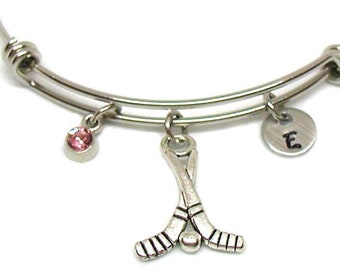 Hockey Bracelet, Expandable Bangle, Hockey Stick Charm Bracelet, Initial Bracelet, Hockey Puck Bracelet, Sports Bracelet, Hockey Bangle Gift
