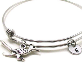 Road Runner Bangle, Road Runner Charm, Road Runner Bracelet, Expandable Bangle, Initial Bracelet, Silver Road Runner, Road Runner Jewelry