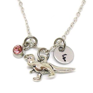 Silver Dinosaur Necklace, Dinosaur Charm Necklace, Personalized Necklace, Custom Gift, Initial Necklace, Dinosaur Jewelry, Tyrannosaurus