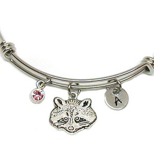 Raccoon Bracelet, Raccoon Bangle, Raccoon Jewelry, Expandable Bracelet, Birthstone Bangle, Raccoon Charm, Monogram Bracelet, Monogram Bangle