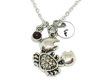 Crab Necklace, Crab Charm, Crab Jewelry, Crab Pendant, Crustacean Charm, Birthstone Necklace Gift, Custom Gift, Zodiac Cancer, Silver Crab