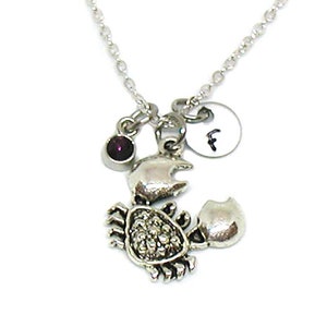 Crab Necklace, Crab Charm, Crab Jewelry, Crab Pendant, Crustacean Charm, Birthstone Necklace Gift, Custom Gift, Zodiac Cancer, Silver Crab