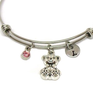 Teddy Bear Bangle, Teddy Bear Charm, Teddy Bear Bracelet, Expandable Bangle, Initial Bracelet, Silver Teddy Bear, Animal Charm Bracelet Gift