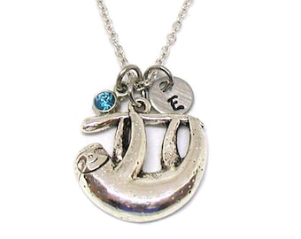 Sloth Necklace, Sloth Charm Necklace, Sloth Jewelry, Sloth Pendant, Personalized Necklace, Custom Gift, Silver Sloth, Initial Necklace Gift