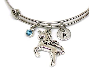 Unicorn Bracelet, Unicorn Bangle, Unicorn Jewelry, Expandable Bracelet, Birthstone Bangle, Unicorn Charm, Fantasy Jewelry, Fantasy Bracelet