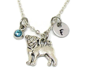 Pug Necklace, Pug Charm, Dog Jewelry, Pug Pendant, Pug Jewelry, Pug Initial Necklace, Birthstone Necklace, Pug Lover Gift, Cute Pug Lover