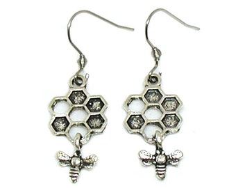 Honey Bee Earrings, Honey Bee Charm, Honey Bee Jewelry, Silver Queen Bee, Queen Bee Earrings, Honeycomb Jewelry, Bee Gift, Bee Lover Jewelry