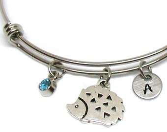 Hedgehog Bracelet, Hedgehog Bangle, Hedgehog Jewelry, Expandable Bracelet, Birthstone Bangle, Hedgehog Charm, Initial Bracelet, Animal Charm