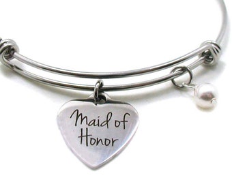 Maid Of Honor Bangle, Maid Of Honor Bracelet, Maid Of Honor Jewelry, Wedding Jewelry, Wedding Bangle, Wedding Bracelet, Pearl Charm