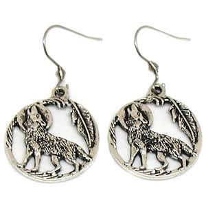 Wolf Earrings, Wolf Charm, Wolf Jewelry, Silver Wolf Gift, Howling Wolf Earrings Gift, Feather Jewelry, Wolves Earrings Gift, Wolves Jewelry