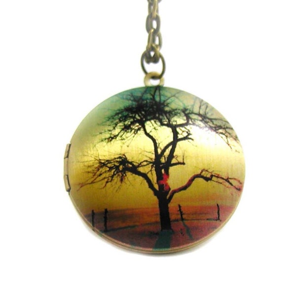 Locket Necklace, Charm Necklace, Long Bronze Necklace, Sunset Necklace, Memory Locket, Tree Locket Necklace, Picture Locket Necklace,