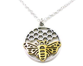 Honeycomb Bee Necklace, Honeycomb Necklace, Bee Charm, Honeycomb Jewelry, Honey Bee Necklace, Honeybee Charm, Bumble Bee Charm, Bee Necklace