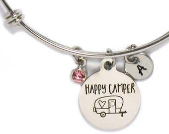 Happy Camper Bracelet, Happy Camper Bangle, Camping Jewelry, Camper Trailer Bangle, Camping Charm, Camper Trailer Bracelet, Camping Bracelet