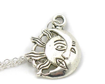 Sun and Moon Necklace, Charm Necklace, Charm Jewelry, Sun and Moon Jewelry, Celestial Necklace, Silver Jewelry, Jewelry Gift, Gift Under 20