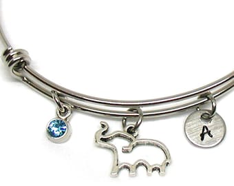 Elephant Bangle, Elephant Charm, Elephant Bracelet, Expandable Bangle, Initial Bracelet, Silver Elephant, Elephant Jewelry, Tiny Elephant