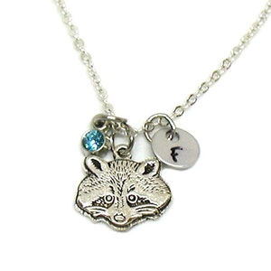 Raccoon Necklace, Raccoon Pendant, Raccoon Charm Jewelry, Animal Necklace, Birthstone Jewelry, Cute Raccoon Face Gift, Initial Necklace Gift