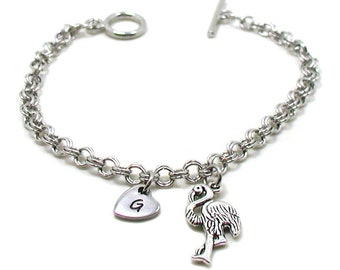 Flamingo Charm Bracelet, Flamingo Bracelet, Flamingo Jewelry, Initial Bracelet, Zoo Animal Bracelet, Personalized Bracelet, Pink Flamingo