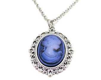 Blue Cameo Necklace, Silver Cameo Pendant, Victorian Jewelry, Cameo Jewelry, Victorian Cameo, Old Fashioned Cameo, Silhouette Cameo