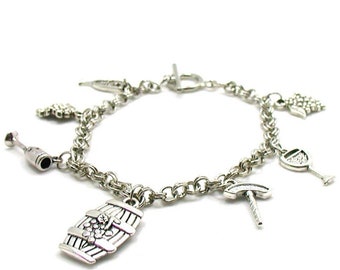 Wine Charm Bracelet, Wine Bracelet,  Wine Theme Charm Bracelet, Delicate Bracelet, Silver Jewelry, Gifts Under 20, Wine Collection