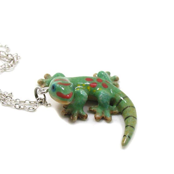 Green Gecko Necklace, Lizard Necklace, Gecko Charm Jewelry, Lizard Jewelry, Green Red Gecko, Gecko Pendant, Lizard Pendant, Animal Necklace