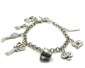 Sewing Charm Bracelet, Sewing Bracelet, Crafting Charm Bracelet, Delicate Bracelet, Silver Jewelry, Gift Under 20, Sewing Jewelry, Sewing