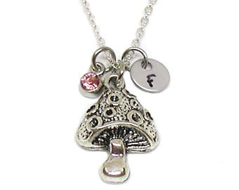 Mushroom Necklace, Mushroom Pendant, Mushroom Charm Jewelry, Hippie Necklace, Silver Mushroom Jewelry, Jewelry Gift, Initial Necklace Gift