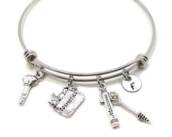 Makeup Bag Bangle, Silver Makeup Bag Bracelet, Adjustable Bangle, Cosmetics Bag Bangle, Makeup Charm, Makeup Artist Gift, Cosmetologist Gift