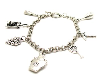 Wine Charm Bracelet, Wine Bracelet,  Wine Theme Charm Bracelet, Delicate Bracelet, Silver Jewelry, Gifts Under 20, Wine Collection