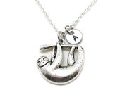 Sloth Necklace, Sloth Charm Necklace, Sloth Jewelry, Sloth Pendant, Personalized Necklace, Custom Gift, Silver Sloth, Initial Necklace Gift