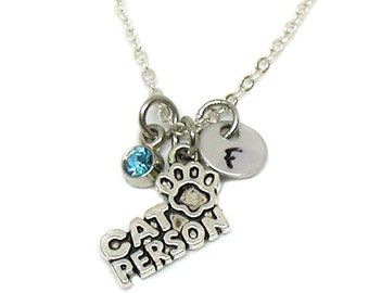 Cat Person Necklace, Cat Person Pendant, Cat Person Charm, Cat Lover Necklace, Birthstone Jewelry, Cat Lover Charm, Cat Lover Jewelry Gift