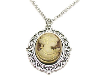 Tan Cameo Necklace, Silver Cameo Pendant, Victorian Jewelry, Cameo Jewelry, Victorian Cameo Necklace, Old Fashioned Cameo, Silhouette Cameo