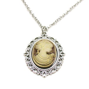 Tan Cameo Necklace, Silver Cameo Pendant, Victorian Jewelry, Cameo Jewelry, Victorian Cameo Necklace, Old Fashioned Cameo, Silhouette Cameo