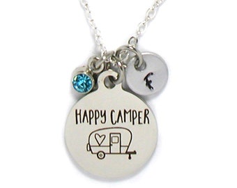 Happy Camper Necklace, Camping Charm, Personalized Necklace Gift, Custom Gift, Initial Necklace, Camper Trailer, Camper Trailer Necklace