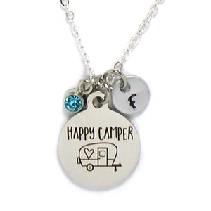 Happy Camper Necklace, Camping Charm, Personalized Necklace Gift, Custom Gift, Initial Necklace, Camper Trailer, Camper Trailer Necklace