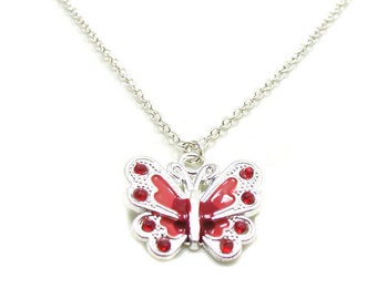 Red Butterfly Necklace, Charm Necklace, Butterfly Charm Jewelry, Butterfly Pendant, Silver Butterfly Jewelry, Jewelry Gift, Gift Under 20