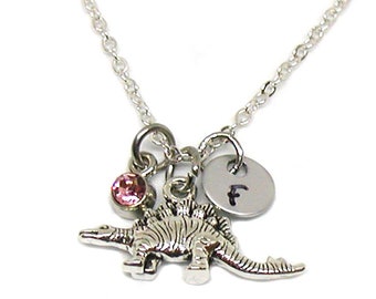 Silver Dinosaur Necklace, Dinosaur Charm Necklace, Personalized Necklace, Custom Gift, Initial Necklace, Dinosaur Jewelry, Stegosaurus Charm