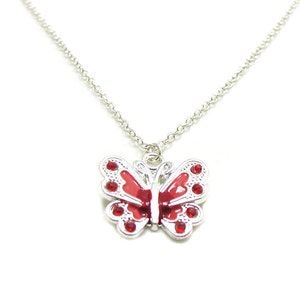 Red Butterfly Necklace, Charm Necklace, Butterfly Charm Jewelry, Butterfly Pendant, Silver Butterfly Jewelry, Jewelry Gift, Gift Under 20