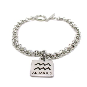 Aquarius Charm Bracelet, Zodiac Bracelet, Astrology Bracelet, Silver Aquarius, Silver Chain Bracelet, Zodiac Charm Jewelry, Birthday Gift