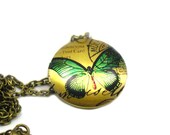 Green Butterfly Necklace, Charm Necklace, Long Bronze Necklace, Memory Locket, Butterfly Locket Necklace, Picture Locket Necklace