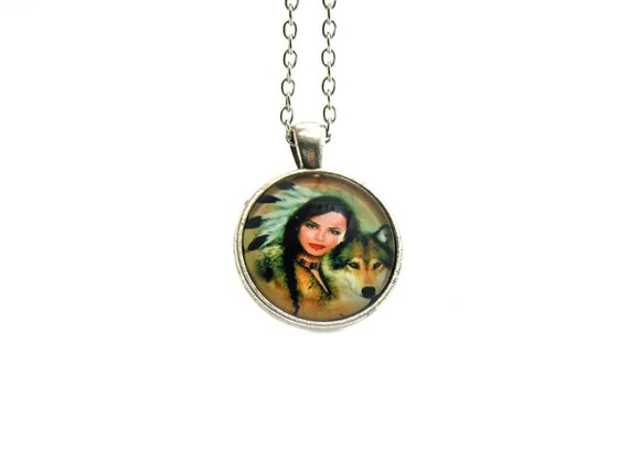 Indian Squaw Necklace, Wolf Pendant, Indian Charm Necklace, Charm Jewelry, Wolf Jewelry, Wolf Necklace, Indian Necklace, Indian Jewelry
