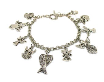 Angel Charm Bracelet, Angel Bracelet, Guardian Angel Bracelet, Religious Bracelet, Angel Jewelry, Gift Under 20, Angel Wings Bracelet Gift