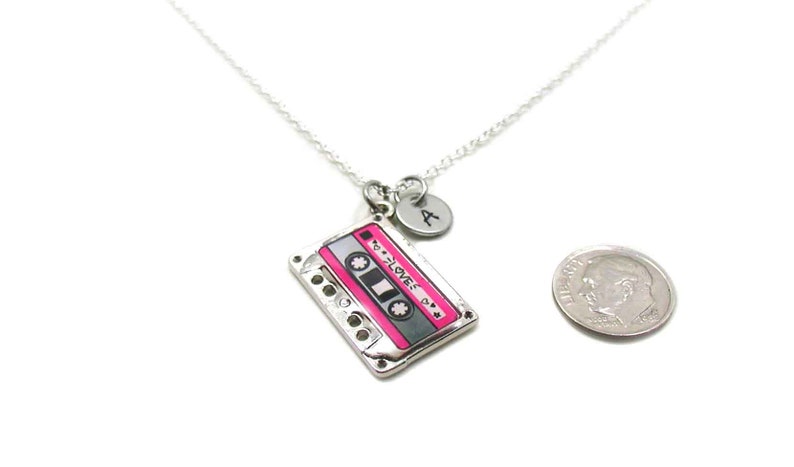 80s Cassette Tape Pendant Necklace – Retro Audio Charm – Silver Plated With Cord – Nostalgic Jewelry