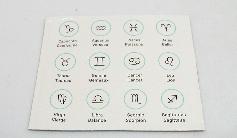 Puede incluir: Una tarjeta blanca con los signos astrol&oacute;gicos y sus nombres en ingl&eacute;s y franc&eacute;s. Los signos est&aacute;n en blanco y negro, y los nombres est&aacute;n en texto negro.