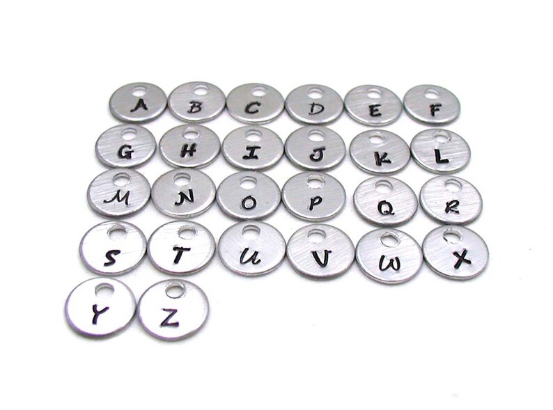 K&ouml;nnte beinhalten: Ein Satz von 26 silbernen Alphabet-Buchstabenanh&auml;ngern aus Metall. Jeder Anh&auml;nger ist ein kleiner Kreis mit einem einzelnen Buchstaben in Schwarz gedruckt.