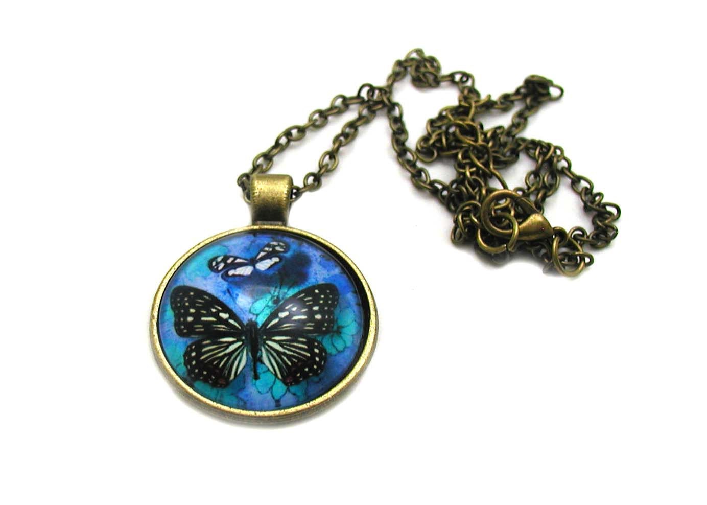 Blue Butterfly Necklace Blue Butterfly Cabochon Charm Etsy