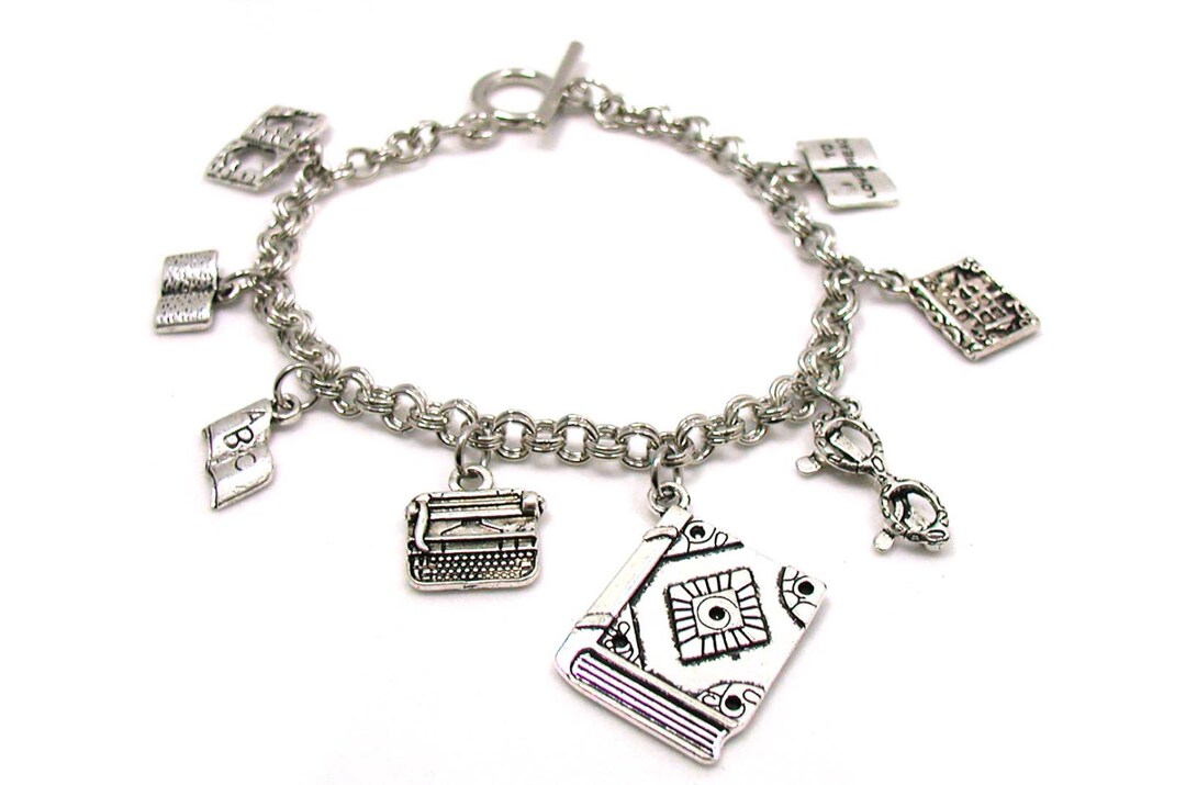 Book Lover Charm Bracelet, Book Charm Bracelet, Writer Charm Bracelet