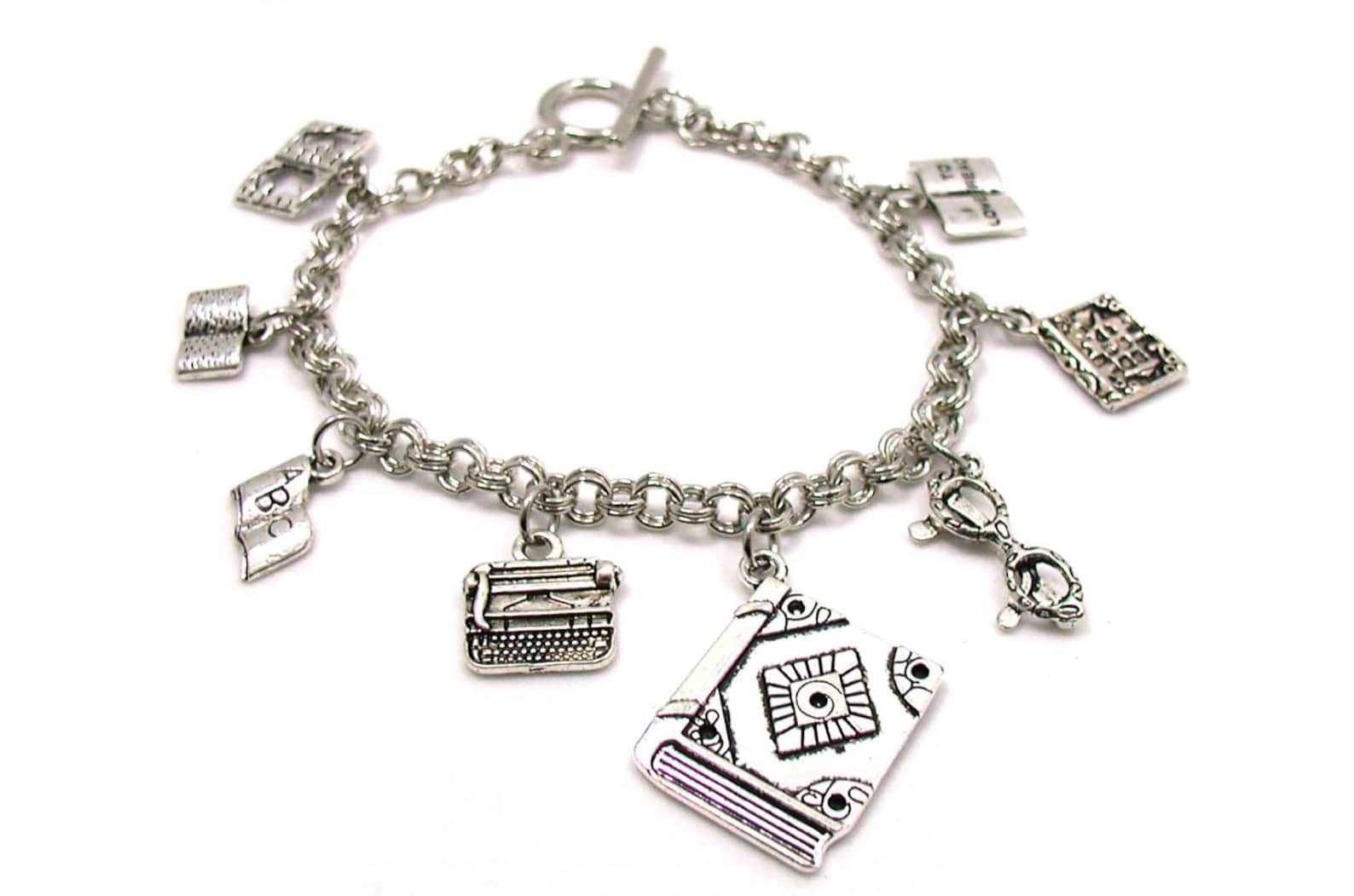 Book Lover Charm Bracelet Book Charm Bracelet Writer Charm Etsy